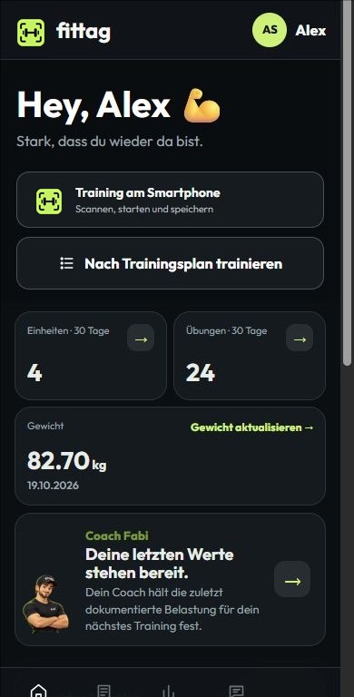 Mobile GymDigital Mitgliederansicht mit Training, Fortschritt und Coach-Hinweisen