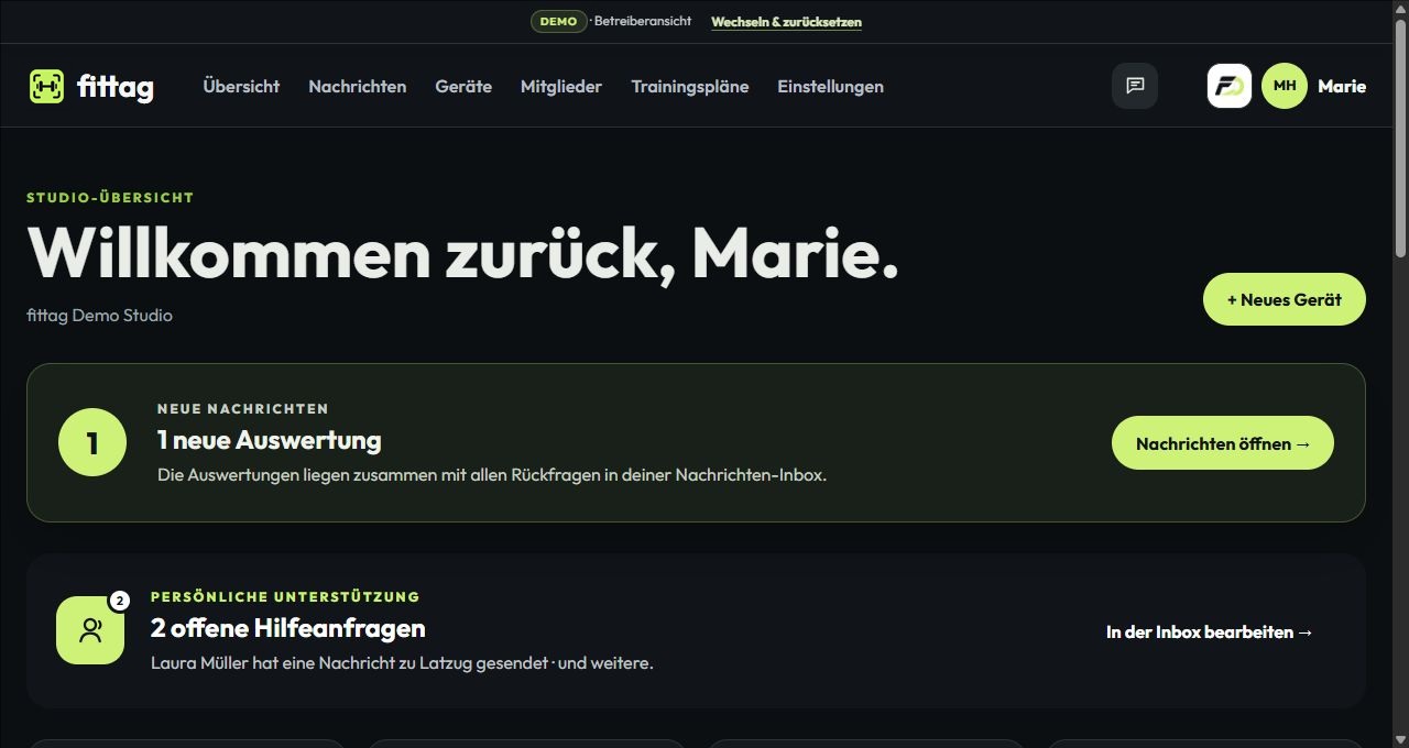 GymDigital Betreiber-Dashboard mit Nachrichten, Hilfeanfragen und direktem Zugang zur Geräteverwaltung