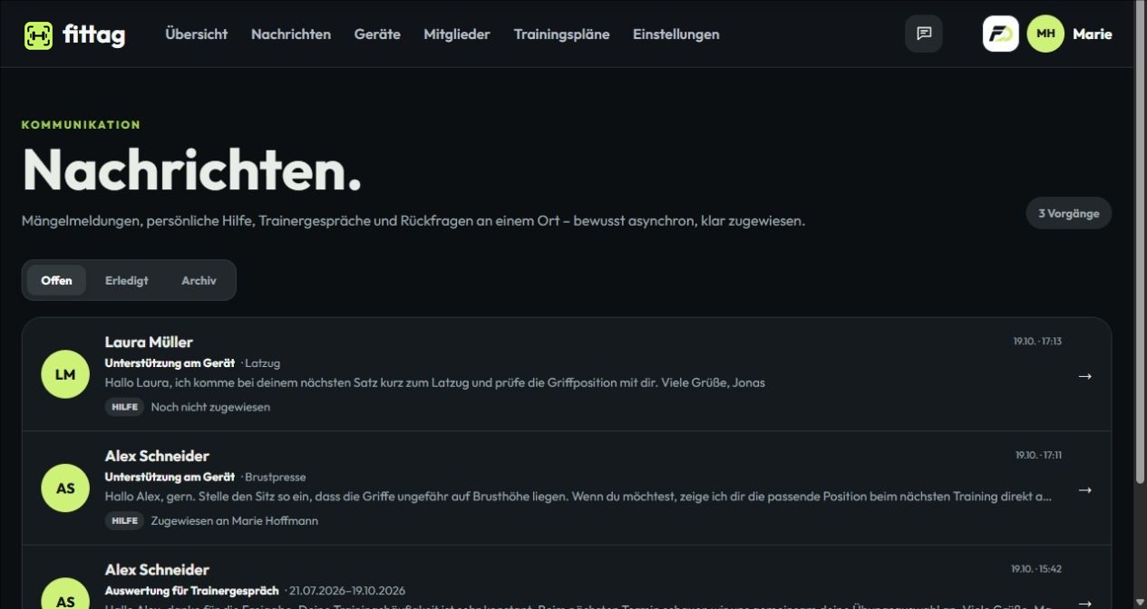 GymDigital Betreiber-Inbox mit Hilfeanfragen und Gerätebezug